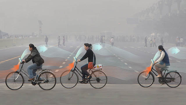 The Smog Free Bicycle is to suck in polluted air, purify it and release clean air around the cyclist