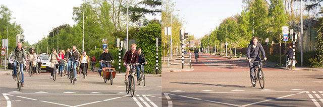 Left: Regular morning rush hour in Utrecht. Right: Same time, same location during coronavirus outbreak. Photo © Holland-Cycling.com